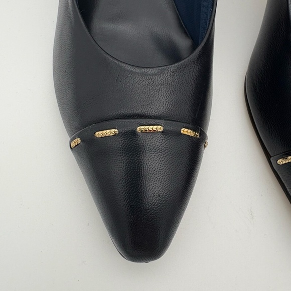 Joyce Vintage Dark Navy Kidskin Leather Pointed Toe Heels with Gold Toe Accent - Picture 2 of 15